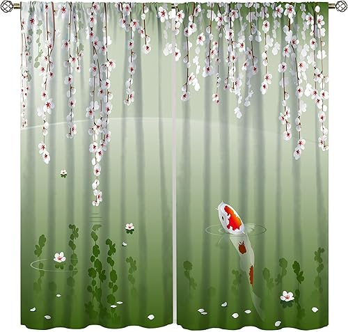 Koi - Cortinas de peces de primavera, estampado de estanque de cerezos con estampado de peces de paisaje, dormitorio, sala de estar, verde, 55 x 63