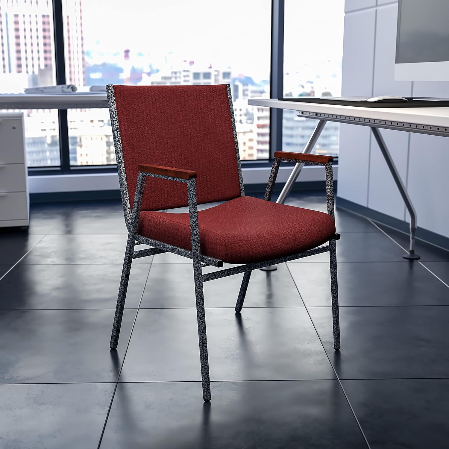 Flash Furniture HERCULES Series Heavy Duty Burgundy Patterned Fabric Stack Chair with Arms and Ganging Bracket