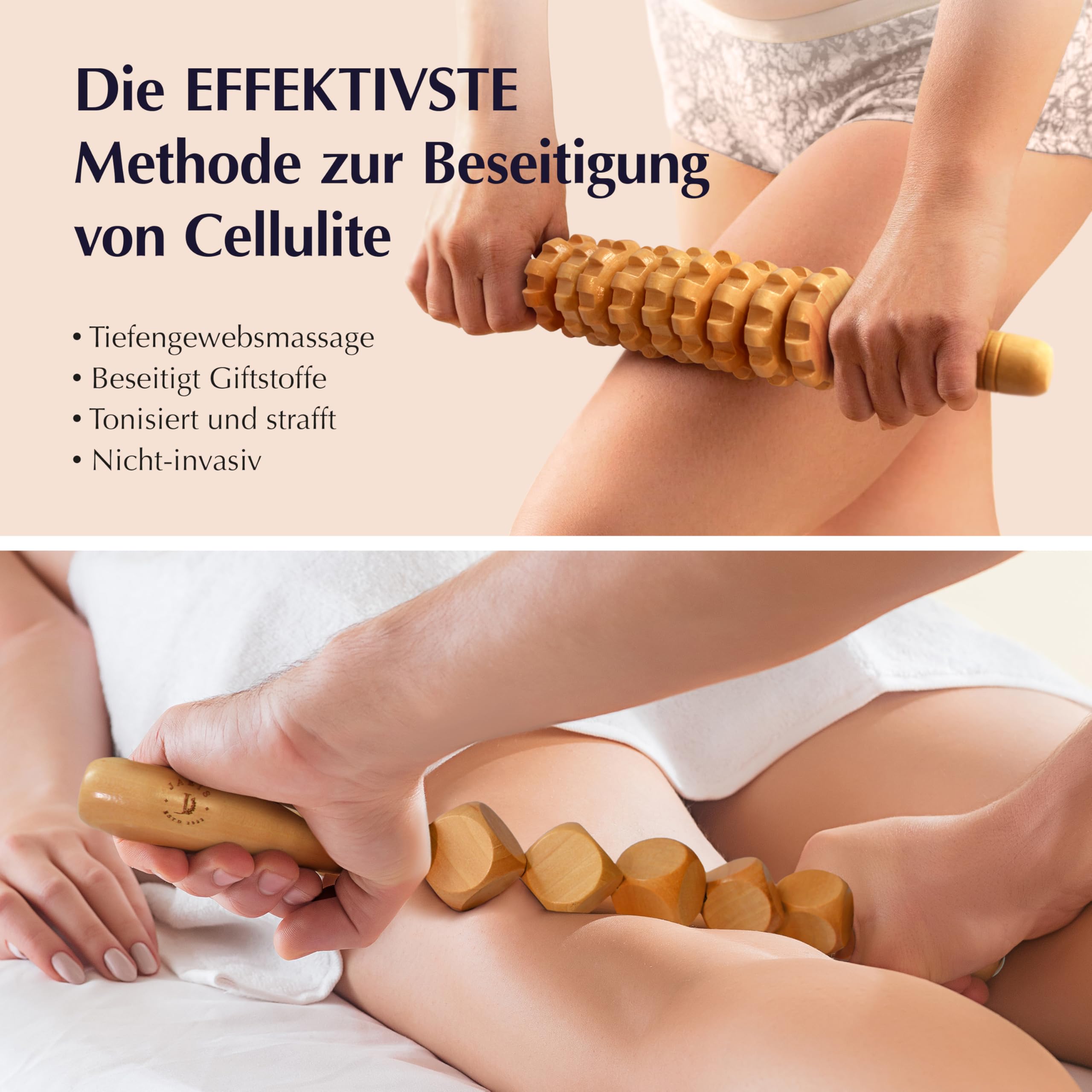 JARIS – Maderotherapie Set 5-teilig – Holz Massagegeräte gegen Cellulite – Wood Therapy Massage Tools für Bauch Beine Po – Professionelles Maderotherapie Kit mit Anleitung QR Ecofriendly