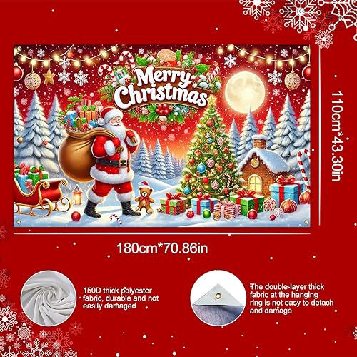 Miniatura 3 de Cartel de Navidad de 71 x 43 pulgadas, telón de fondo rojo de Papá Noel con árbol de regalo, decoración de nieve en trineo para interiores y