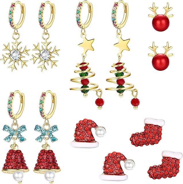 LOLIAS 6-18 Pairs Christmas Earrings for Women Girl Christmas Bulk Hypoallergenic Stud Earrings Christmas Snowman Candy Cane Elk Tree Bow Earring Set Christmas Party Jewelry Gift