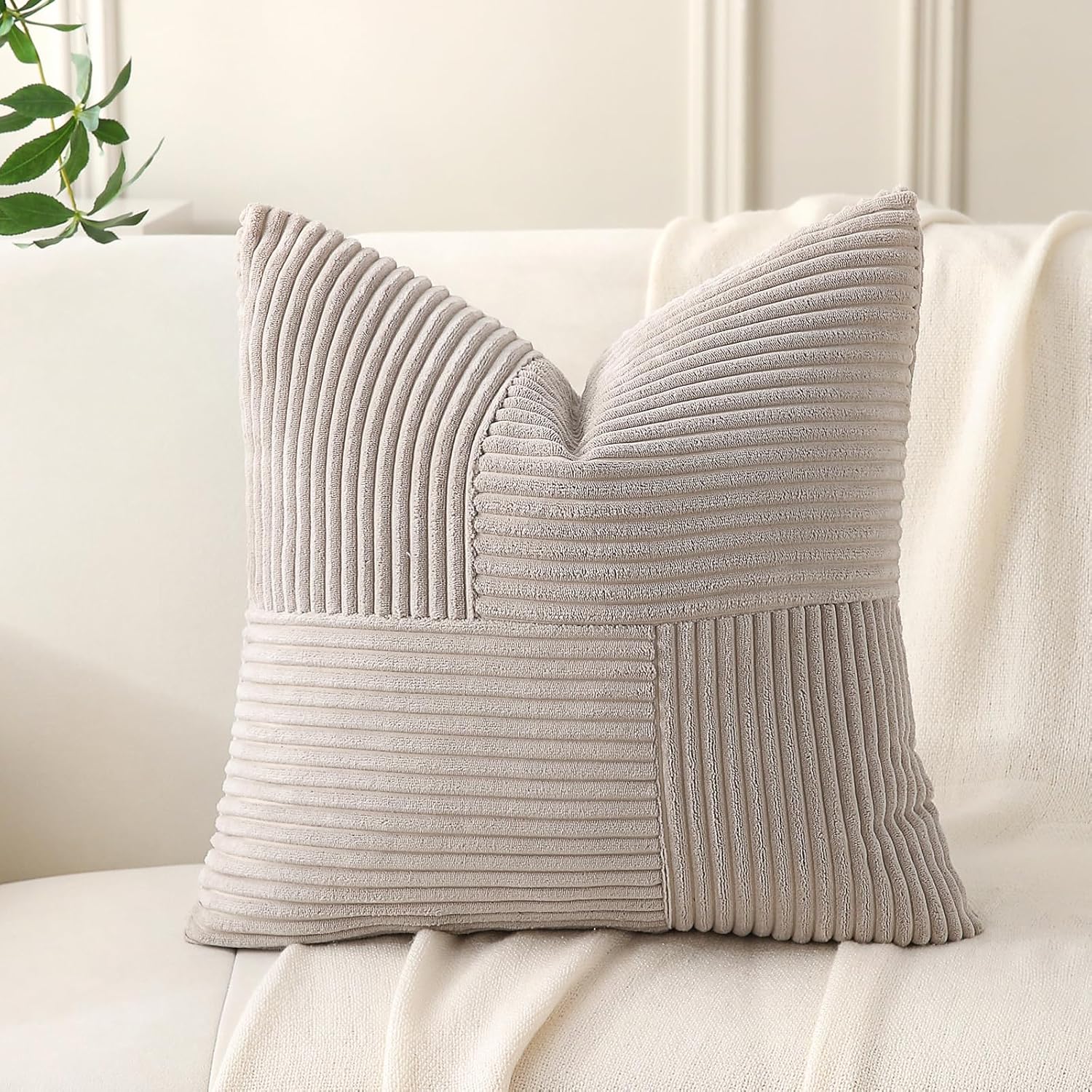 Taupe Throw Pillow Covers 24x24 inch,Pack of 2 Soft Corduroy Cushion Covers with Patchwork Textured,Farmhouse Home Decor,Boho Decorative Cushion Case for Couch Bed Sofa Living Room