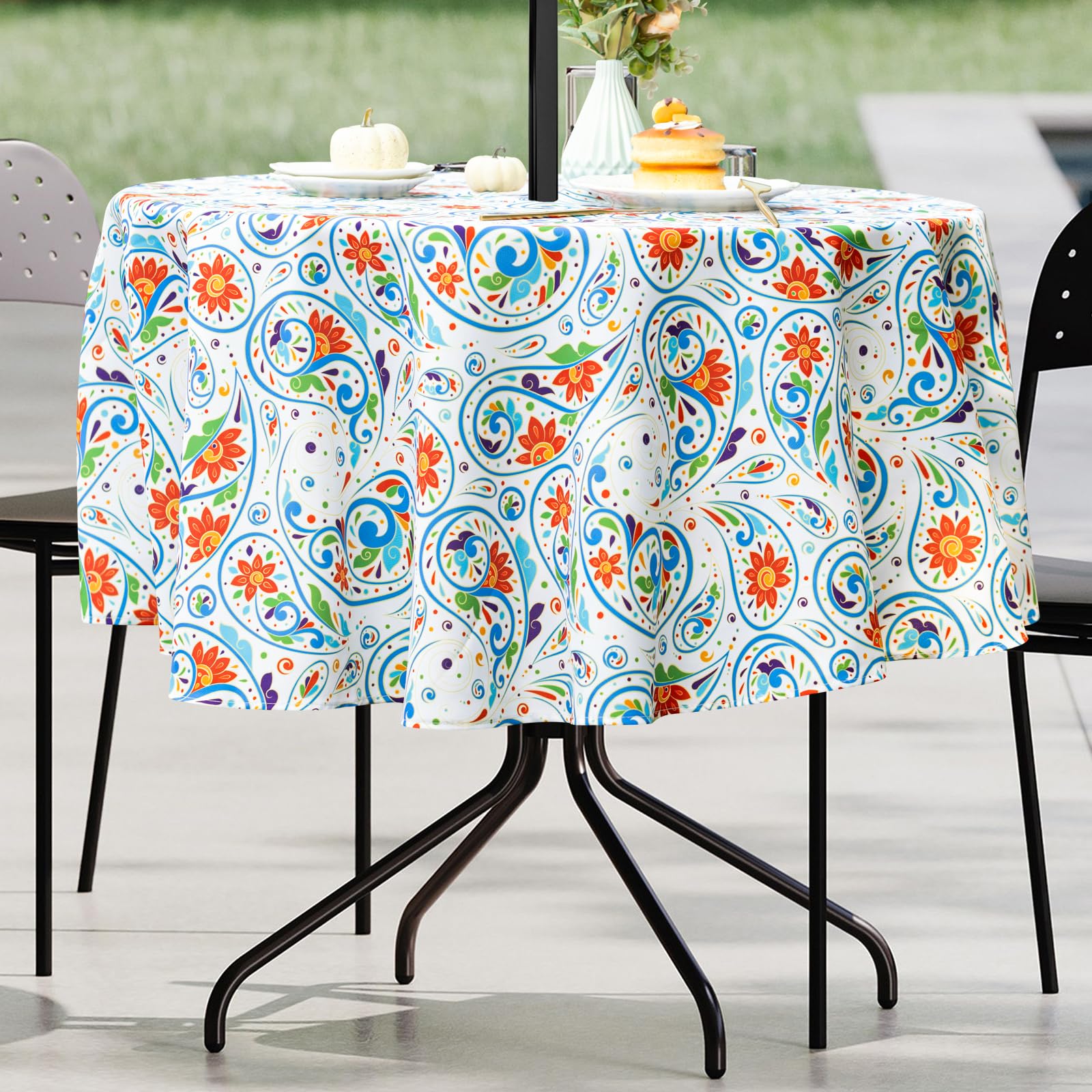 UMINEUX 60" Outdoor Round Tablecloth with Umbrella Hole and Zipper
