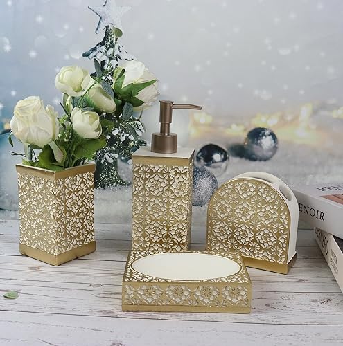 Miniatura 5 de Hymmah Juego de accesorios de baño dorados, decoración de baño de granja, juego de regalo de resina de 4 piezas, necesidades de apartamento,