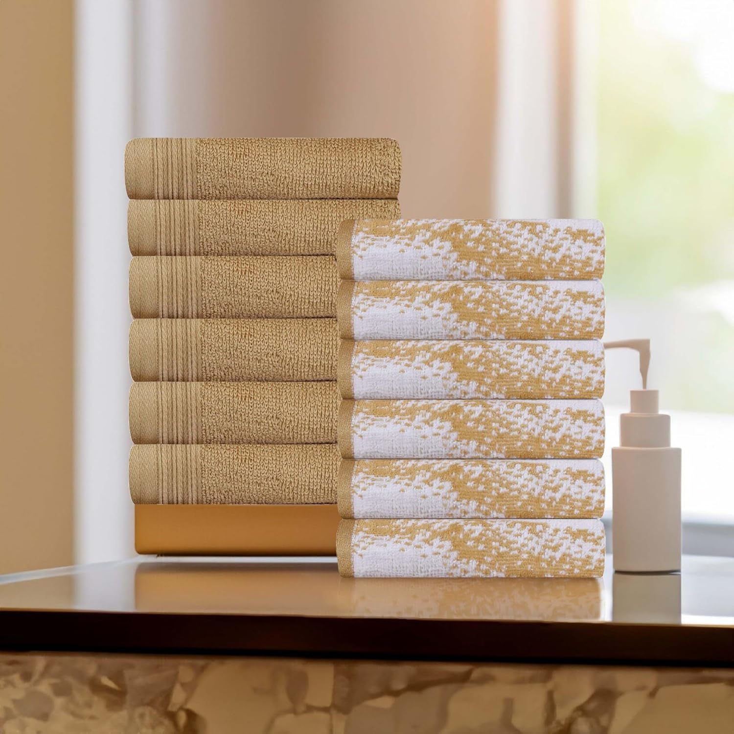 BNM Cotton Marble and Solid Towel Set, Includes 12 Face Towels, Washcloths, Small Towels, Daily Use, Soft, Highly Absorbent, Decorative Bathroom Accessories, Modern Kitchen, Home Essentials, Brown
