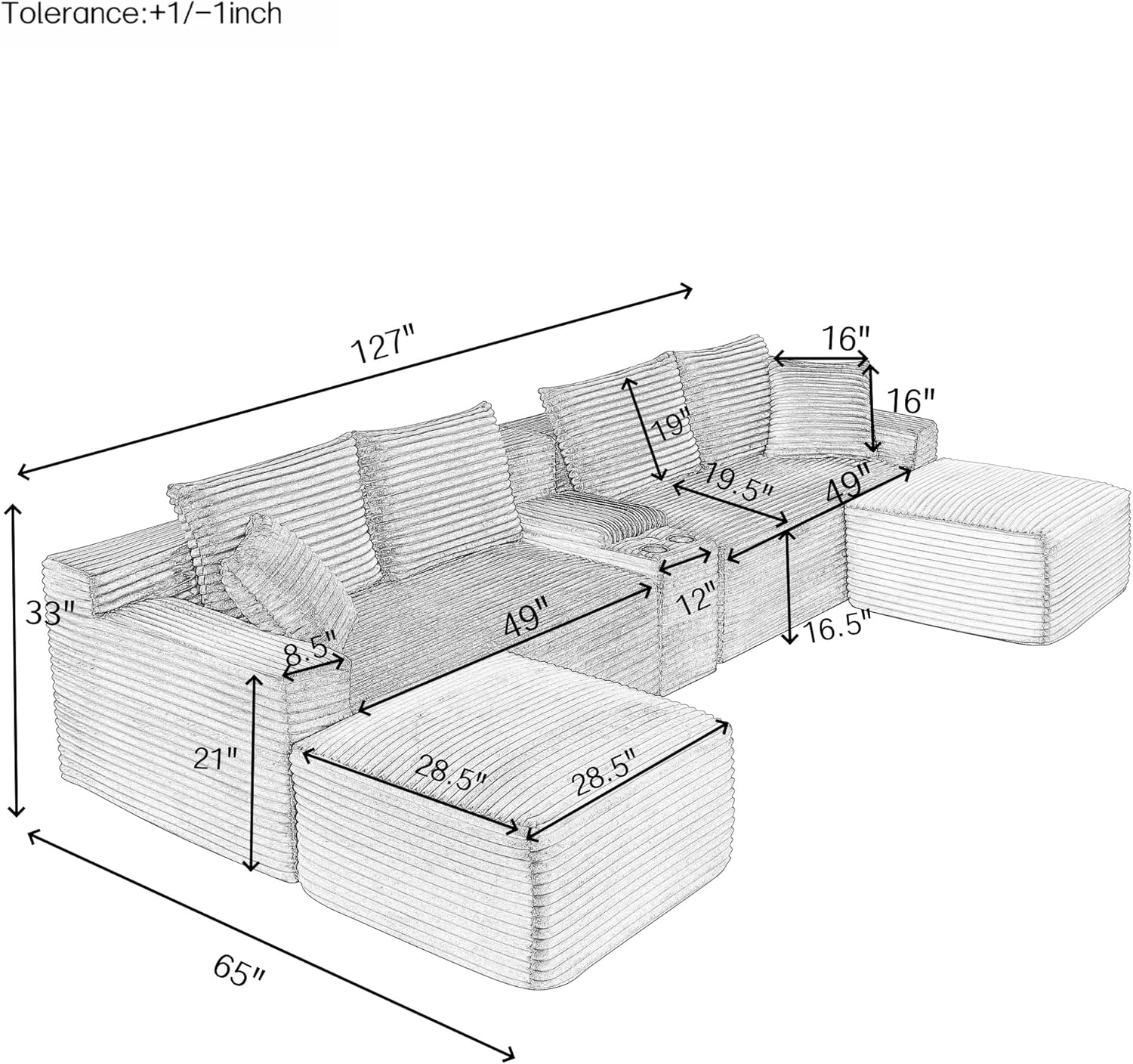 127" Width Sectional Sofa with Storage Console for Living Room, Oversized U Shaped Modular Sectional Couch with Cup Holders and USB Chaise Lounge for Apartment Studio Office