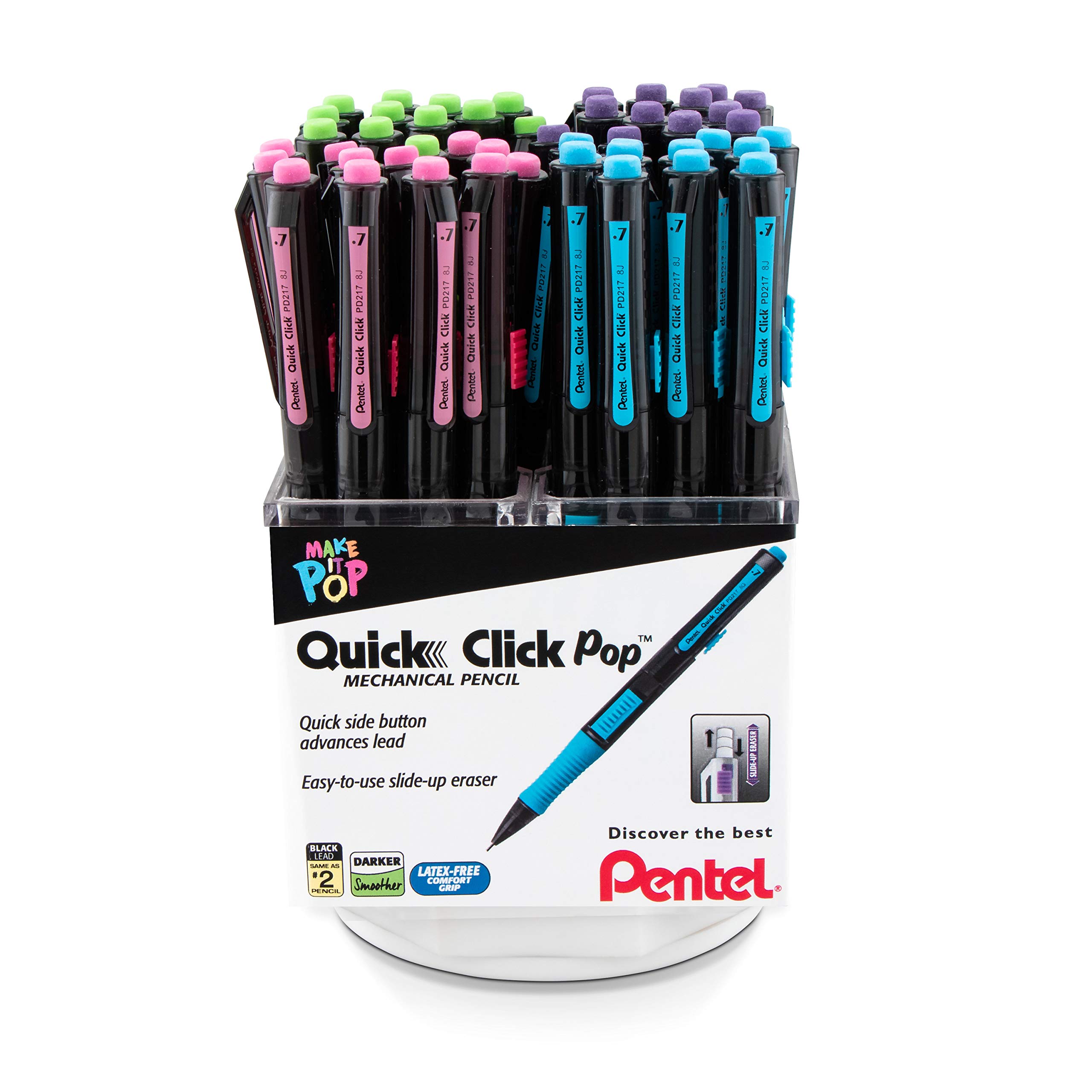 PentelQuick Click Pop Mechanical Pencil, (0.7mm) Med. Line, Assorted Barrels, Spinner Display - 42 Pieces (PD217A-42)