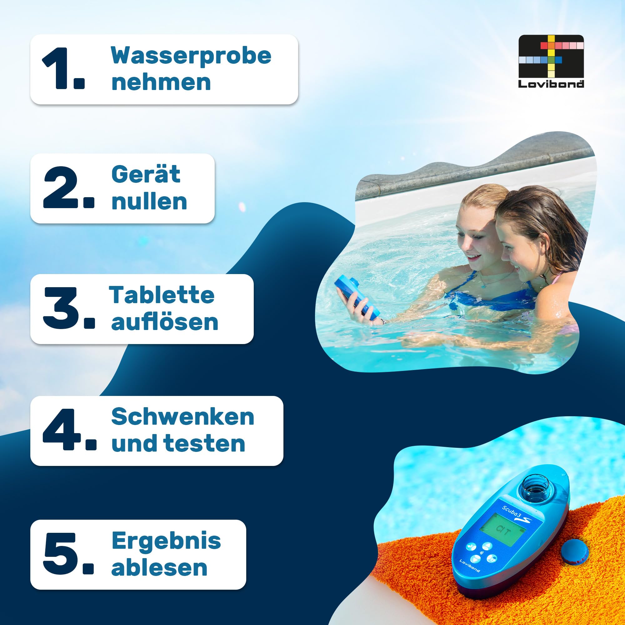Lovibond® Scuba3s Pool Photometer – elektronischer Pooltester mit NFC und App – 11 Wasserparameter – Messgerät Wasserqualität – Wassertester Pool IPX7 – einfache Handhabung – schnelle Ergebnisse