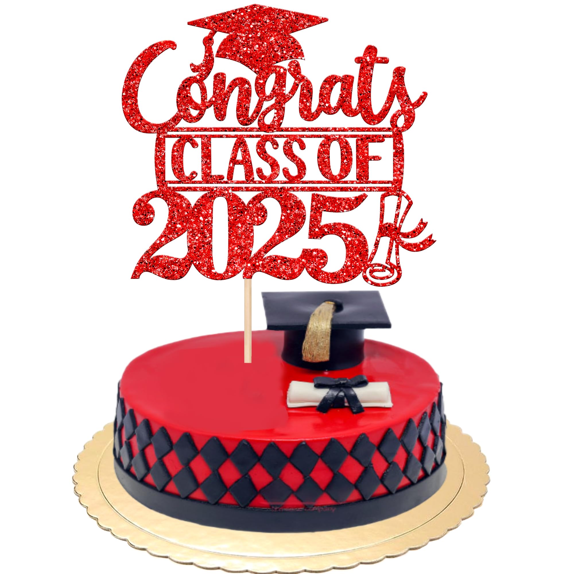 Rsstarxi 1 Pack Congrats Class of 2025 Cake Topper Glitter Congrats Class of 2025 Graduation Cap Diploma Cake Pick Decorations for 2025 Graduation Theme Party Supplies Red