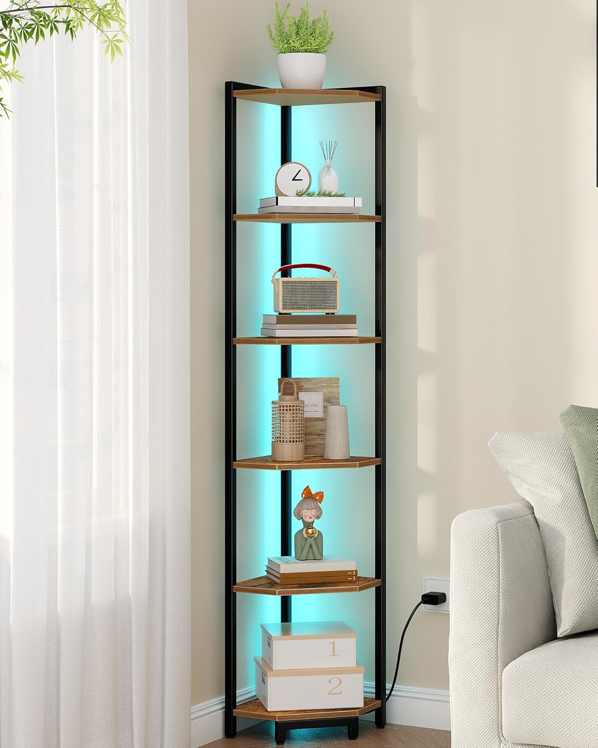 Corner Shelf with LED Light, 6-Tier Corner Bookshelf, Tall Narrow Display Bookcase with Metal Frame, Standing Shelf for Small Space, Living Room, Home Office, Bedroom, Rustic Brown CS66601B