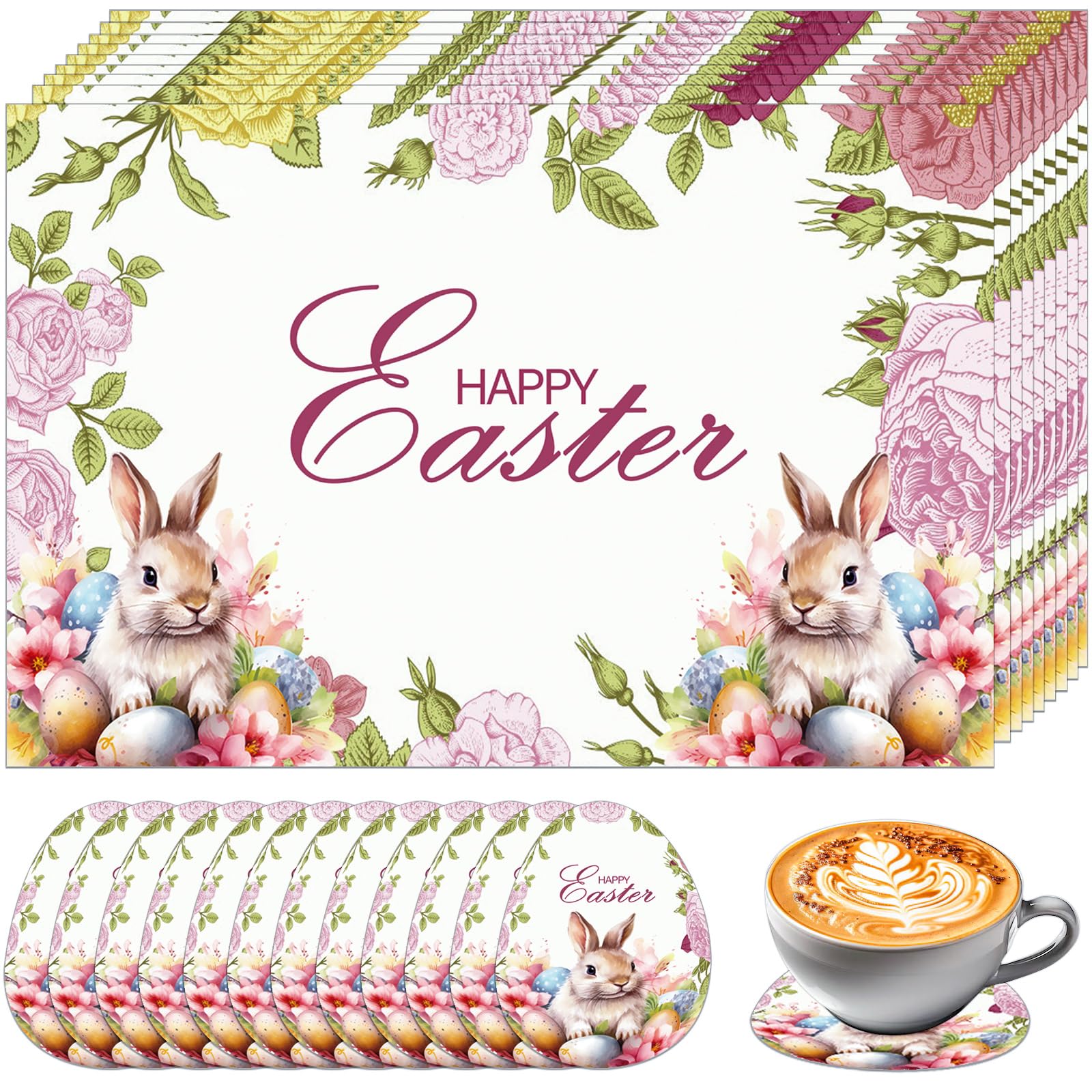 50 manteles individuales de papel de Pascua, manteles individuales desechables de papel con posavasos, 28 x 43 cm, manteles individuales de conejo, huevos de conejo, manteles individuales de primavera