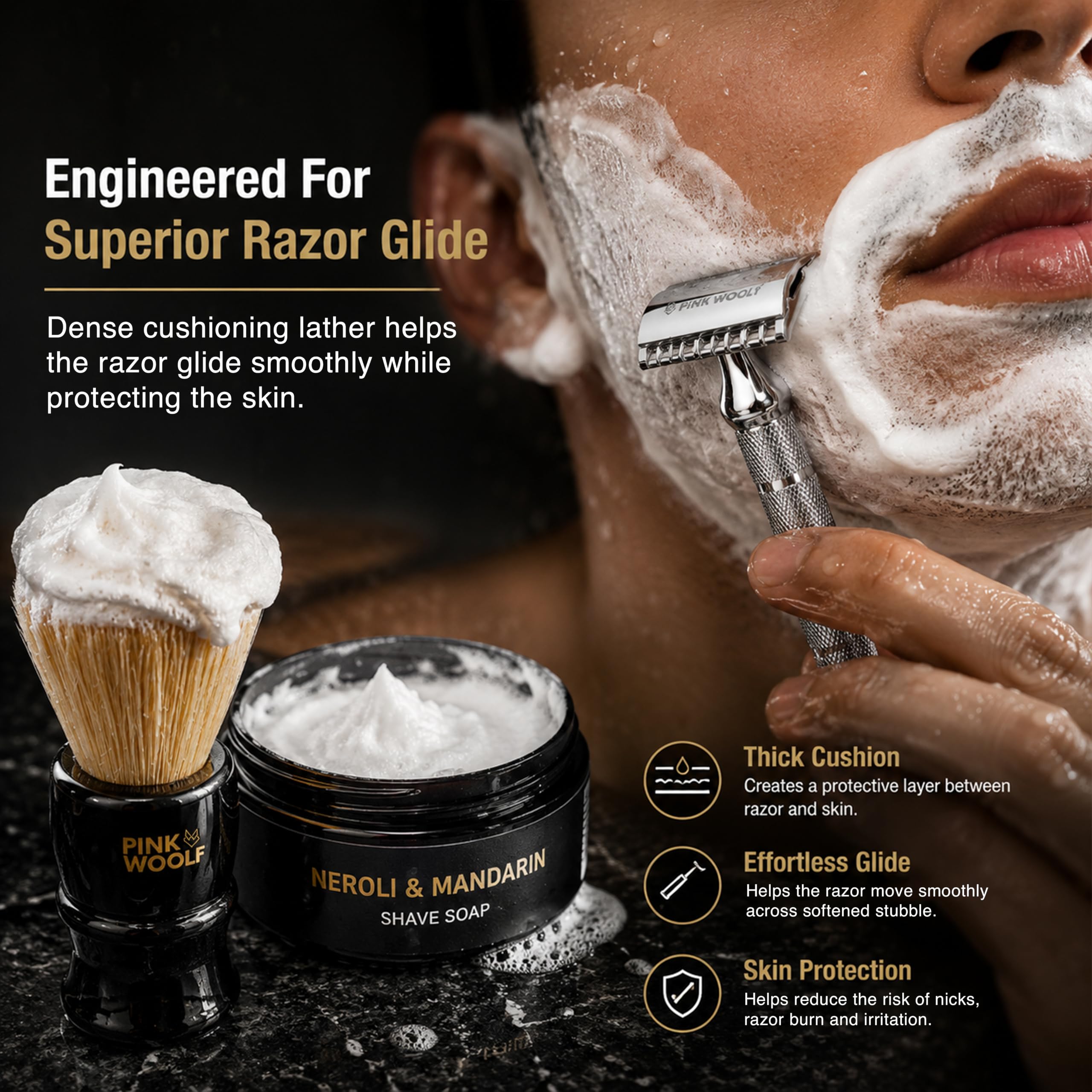 Pink Woolf Luxury Shaving Soap for Men - Neroli & Mandarin | Rich Creamy Lather for Wet Shaving | Smooth Razor Glide | Traditional Shave Soap for Safety Razor, Shaving Brush & Straight Razor | 50g 1