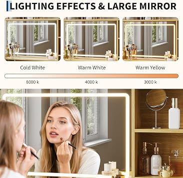 Jojoka Vanity Desk with Mirror and Lights, 35.4 Makeup Vanity Table with 4 Fabric Drawers & Storage Shelves, Adjustable LED Lights,Vanity Dressing Table for Bedroom