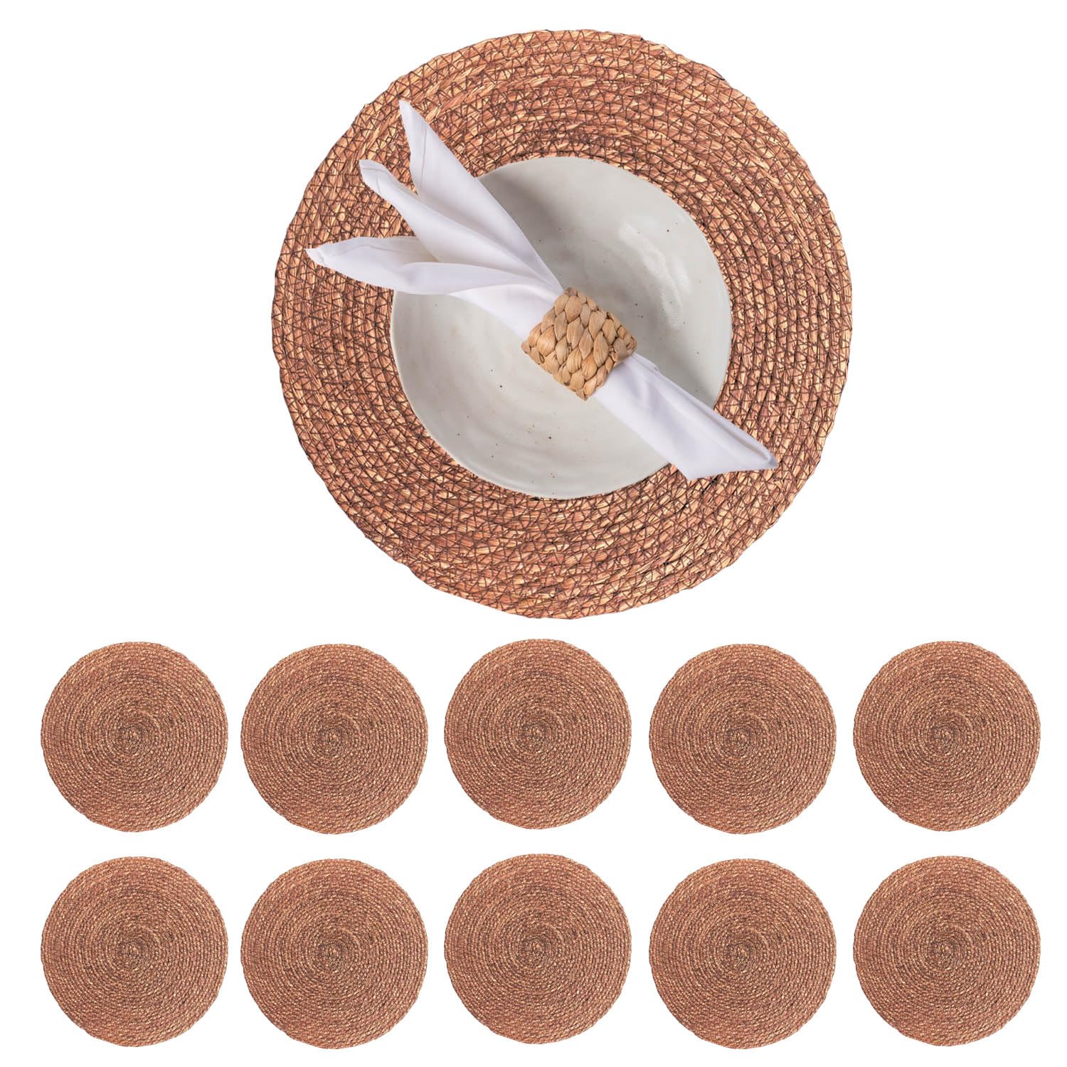 13.8" Set of 10 Brown Round Seagrass Placemats by Laquedecraft