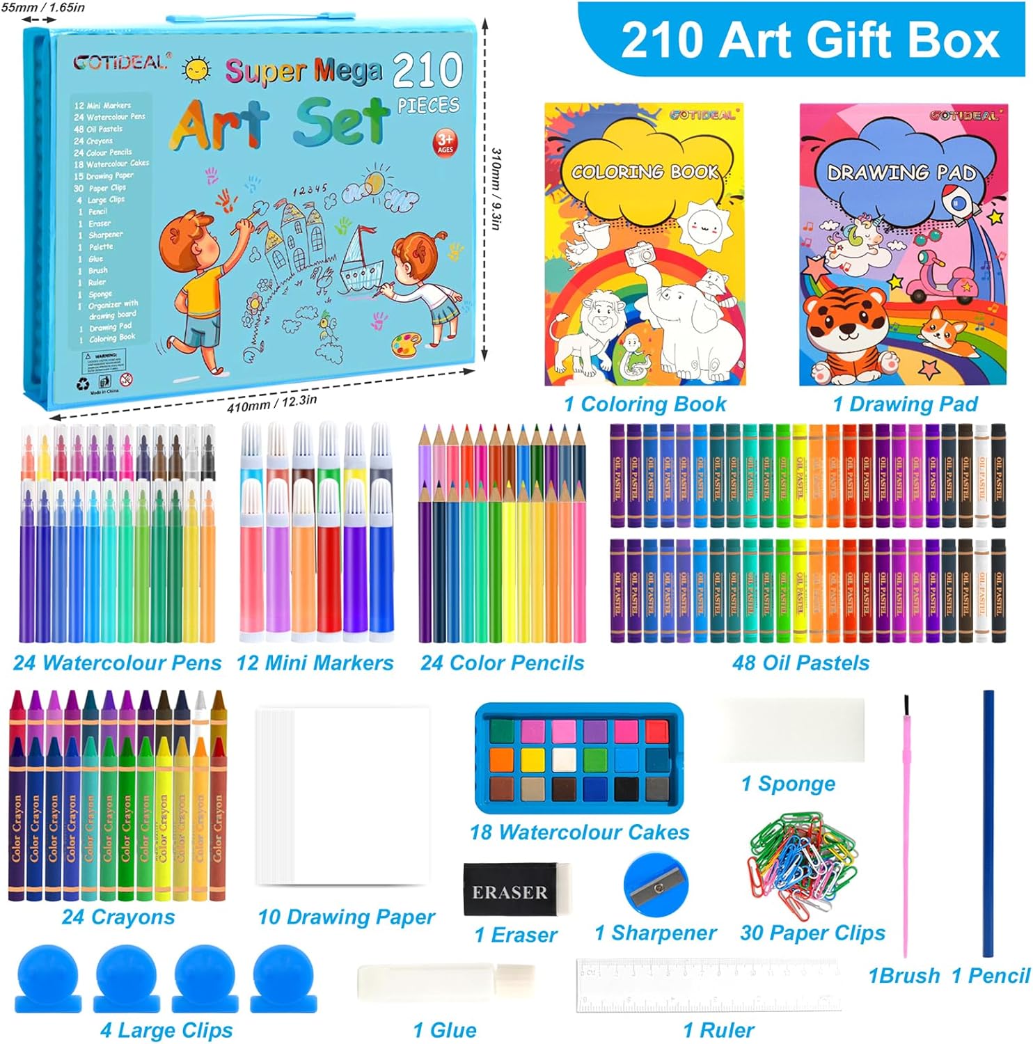 GOTIDEAL Kids Art Set,Art Supplies for Kids,210 PCS Art Kit with Double Sided Trifold Easel,Coloring Book, Crayons, Markers, Watercolor Pens, Arts & Crafts,Gift for 4-12 Year Old (Blue)