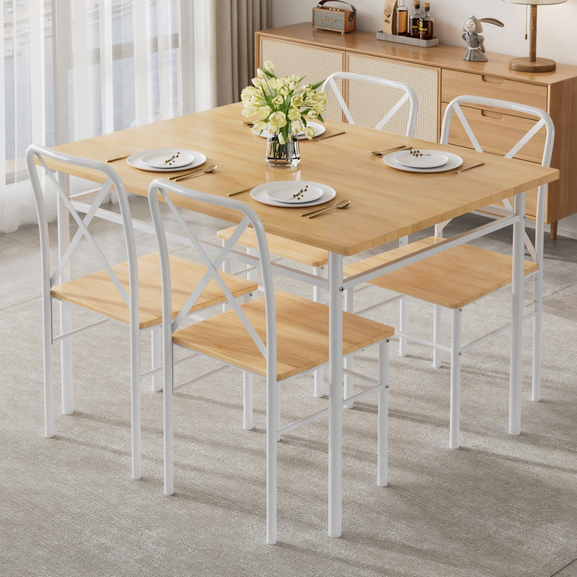 VECELO 5-Piece Dining Table Set for 4, Wood Dinette with Chairs, Natural