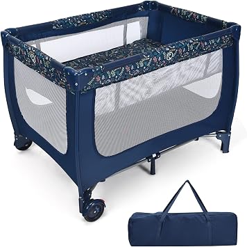 COSTWAY Foldable Travel Cot, Portable Baby Playard with Lockable Wheels, Breathable Mattress, Carry Bag, Double Layer Crib for Newborn Toddlers Blue