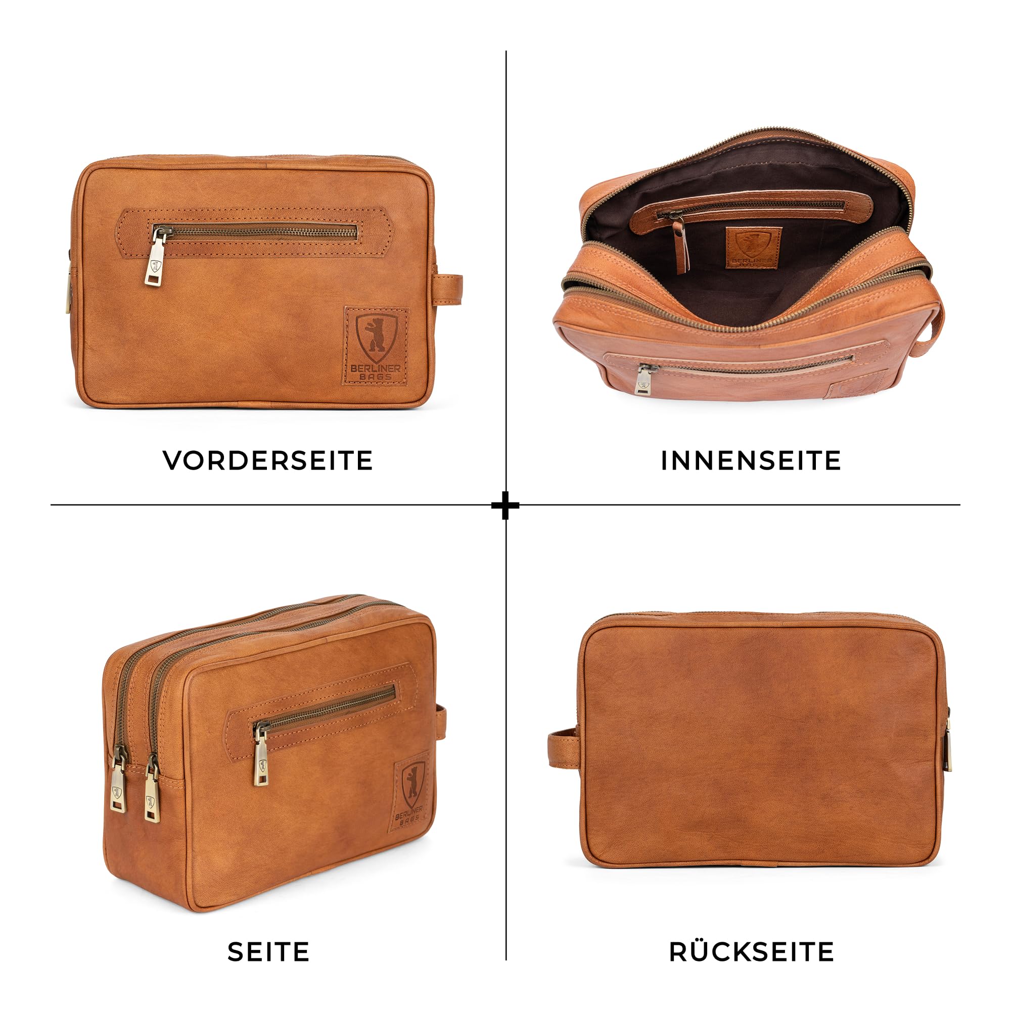 Berliner Bags Vintage Kulturbeutel Paul aus Leder, Kulturtasche für Damen und Herren für Reisen - Braun