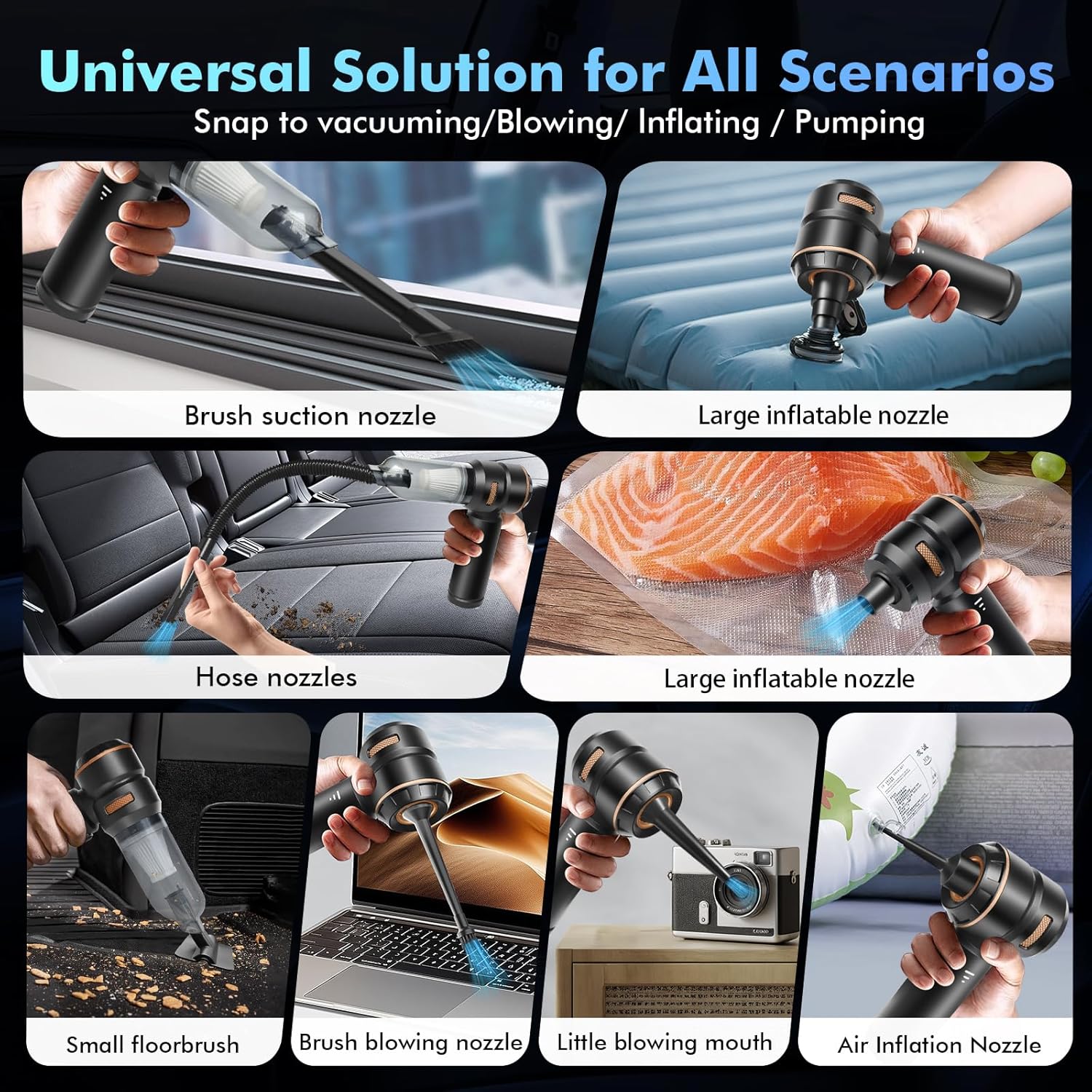 80,000RPM Cordless Car Vacuum & Air Duster 4-in-1 High Power 20000PA Handheld Blower/Pump with Brushless Motor, LED Power Display, 3 Speed for Home/Camping/Pet Hair (Black Gold)