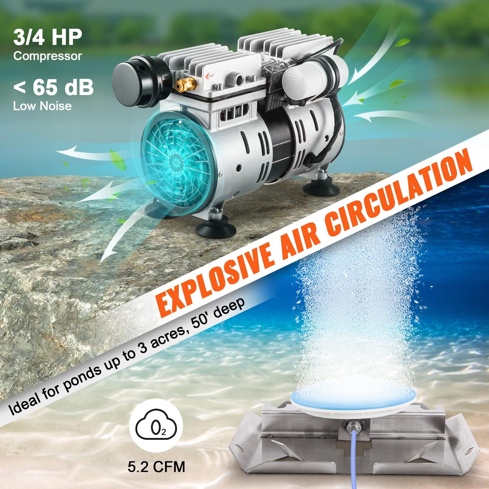 VEVOR Aérateur de Bassin, 550 W, kit système aération de lac, 5,2 CFM pour étang 3 Acres Profondeur 15 m avec compresseur d'air, Tubes 30,5 m, diffuseurs 25,4 cm pour Circulation oxygène Eau Profonde