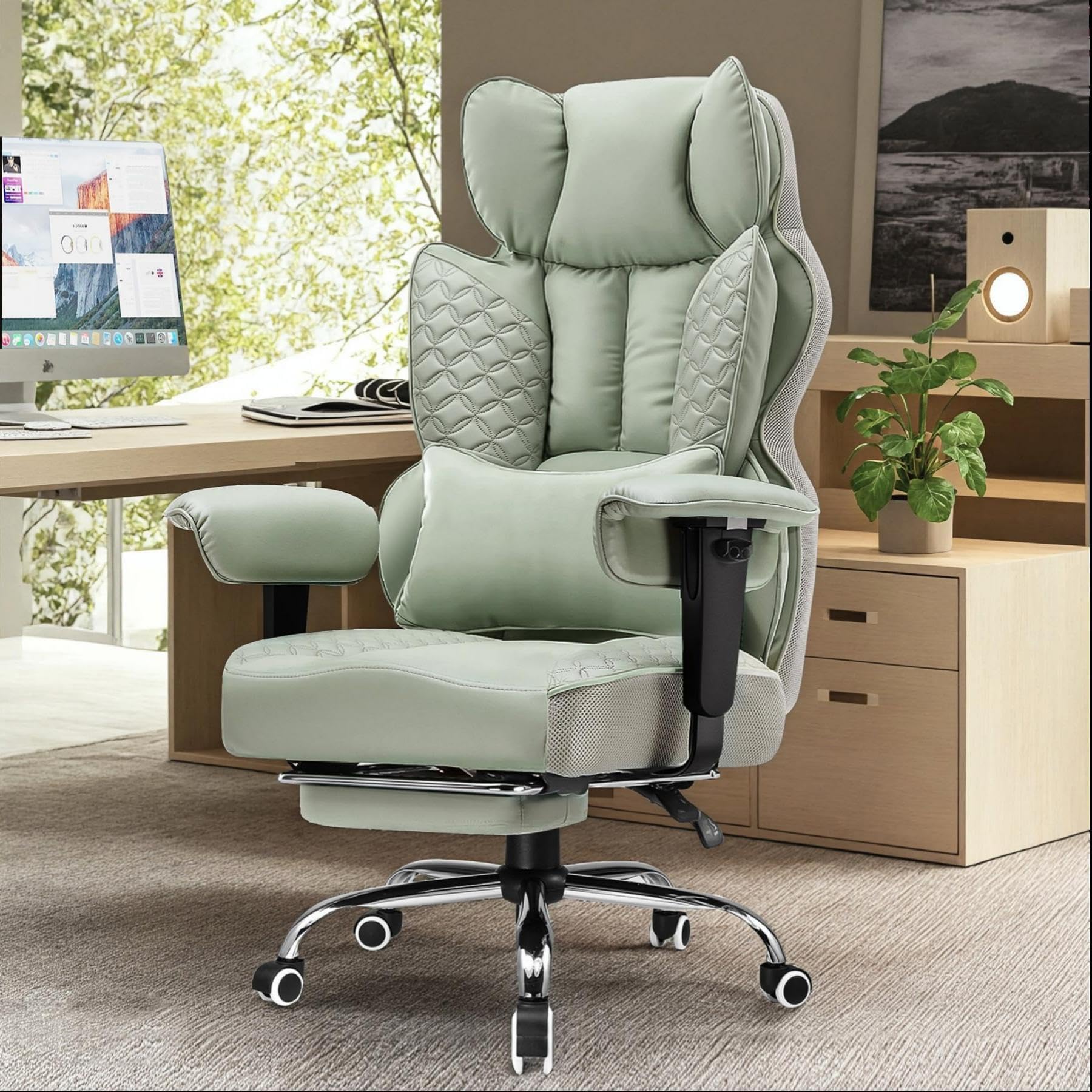 GTPLAYER Big and Tall Gaming Chair 400lbs Heavy Duty Office Chair with Foot Rest & Ergonomic Pocket Spring Lumbar Support, High Back 3D Saddle Shaped Cushion for Back Pain Relief, Green view 2