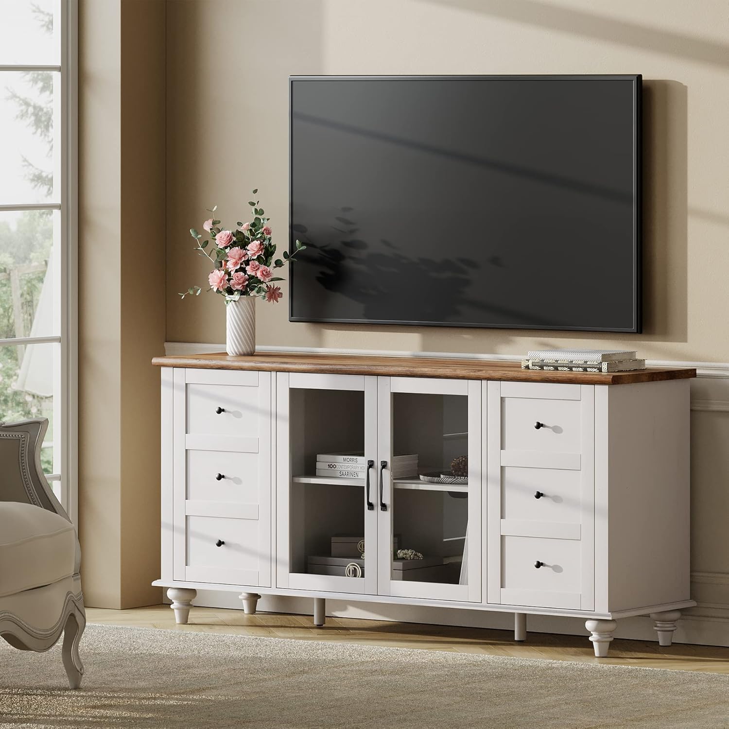 WAMPAT Farmhouse TV Stand and Coffee Table Set of 2, Entertainment Center for 70 Inch TV, Modern Coffee Table with Storage Cabinet, 2 Piece Living Room Table Set, White