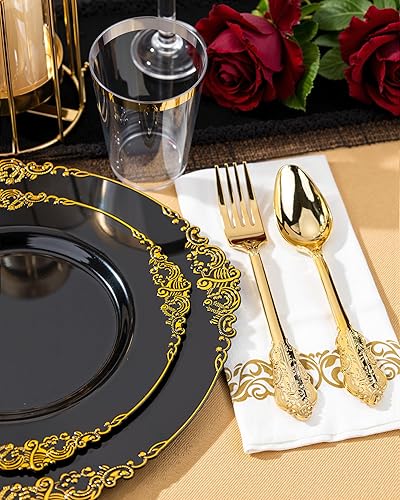 Miniatura 4 de Nervure - 350 platos de plástico negro - Juegos de vajilla de plástico negro para 50 invitados - 100 platos desechables, 150 cubiertos dorados, 50