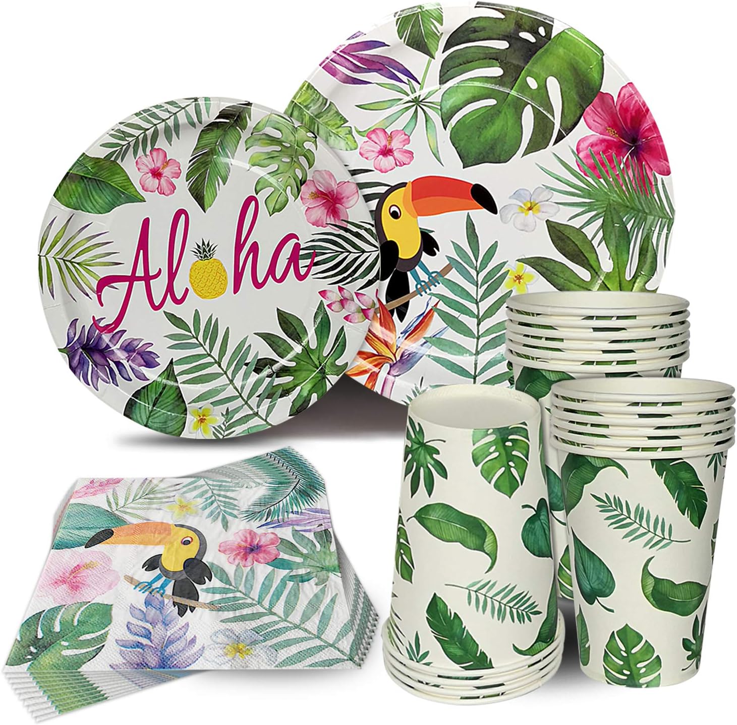 HIPEEWO Hawaiian Aloha Party Decorations - Luau Tropical Party Supplies, Including Plates, Napkins, Hawaiian Theme Cups for Tiki Summer Pool and Tropical Birthday Party Serves 16 Guests 64 PCS