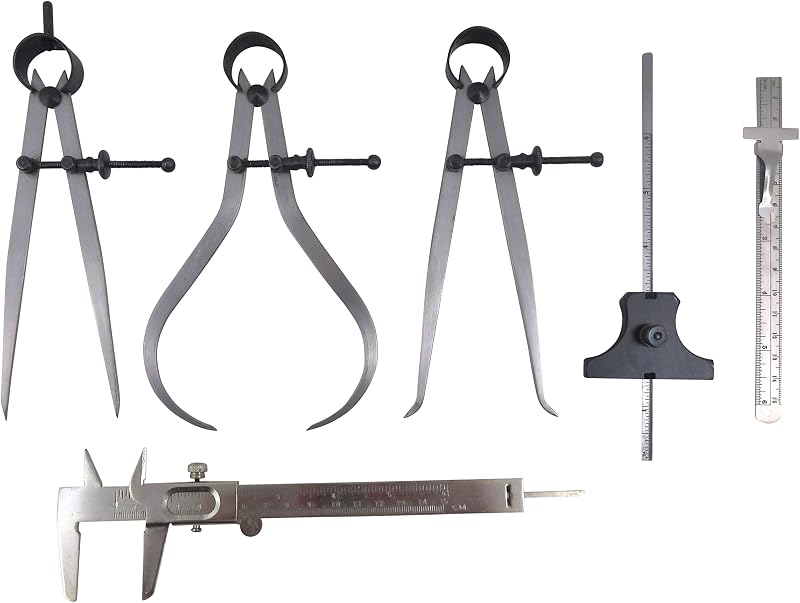 6 Piece Measuring Set/Kit with 6" Spring Dividers, Inside & Outside Calipers, Depth Gauge, Pocket Ruler, Vernier Caliper 113500