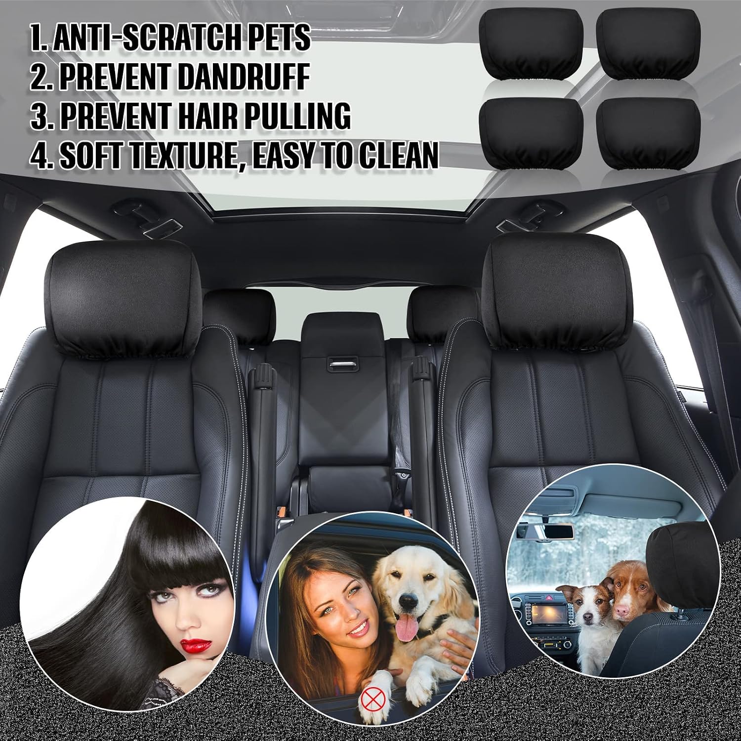 ABEN 4 Pcs Universal Car Headrest Cover Soft Car Seat Head Rest Cover Protector Fabric Head Rest Coverings for Cars Truck Auto(Black)