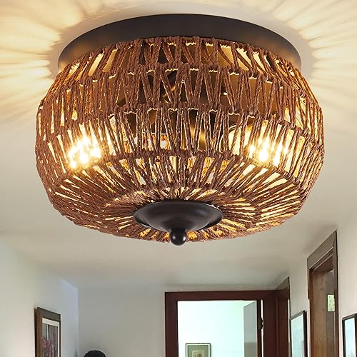hummingbird Rattan Ceiling Light Boho Light Fixture Flush Mount Ceiling Light,Hand Woven Cage Rattan Lampshade,Farmhouse Close to Ceiling Light for Bedroom Kitchen Hallway