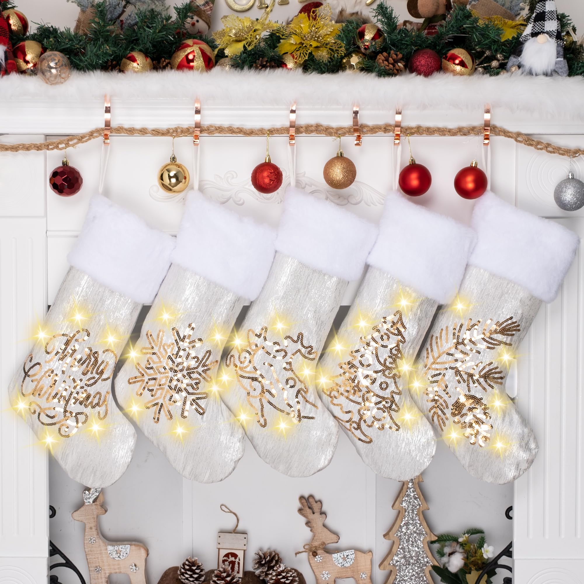 Calze Di Natale Set 4 Pezzi Con Luci LED | 18 Pollici In Velluto Rosso E Finta Pelliccia | Decorazioni Festive