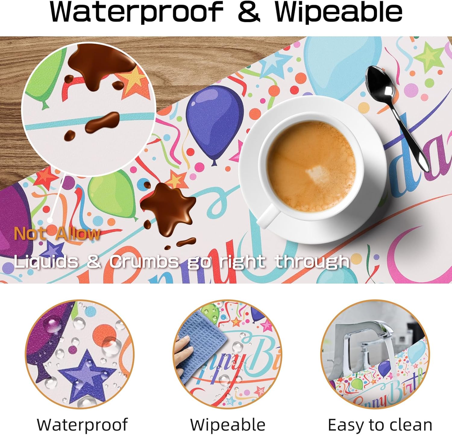 Happy Birthday Table Runner Set of 4 -Children's Party Theme,Washable Leather Placemats, Heat-Resistant and Non-Slip, Suitable for Outdoor Home Parties and Restaurant Decoration,Ribbons and Balloons