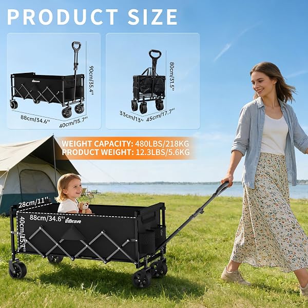 InBrave Extra Long Folding Wagon with Big All-Terrain Wheels, 480LBS Load Capacity Foldable Wagon, Portable Lightweight Utility Wagon for Camping, Grocery, Beach, Garden (Black) in use