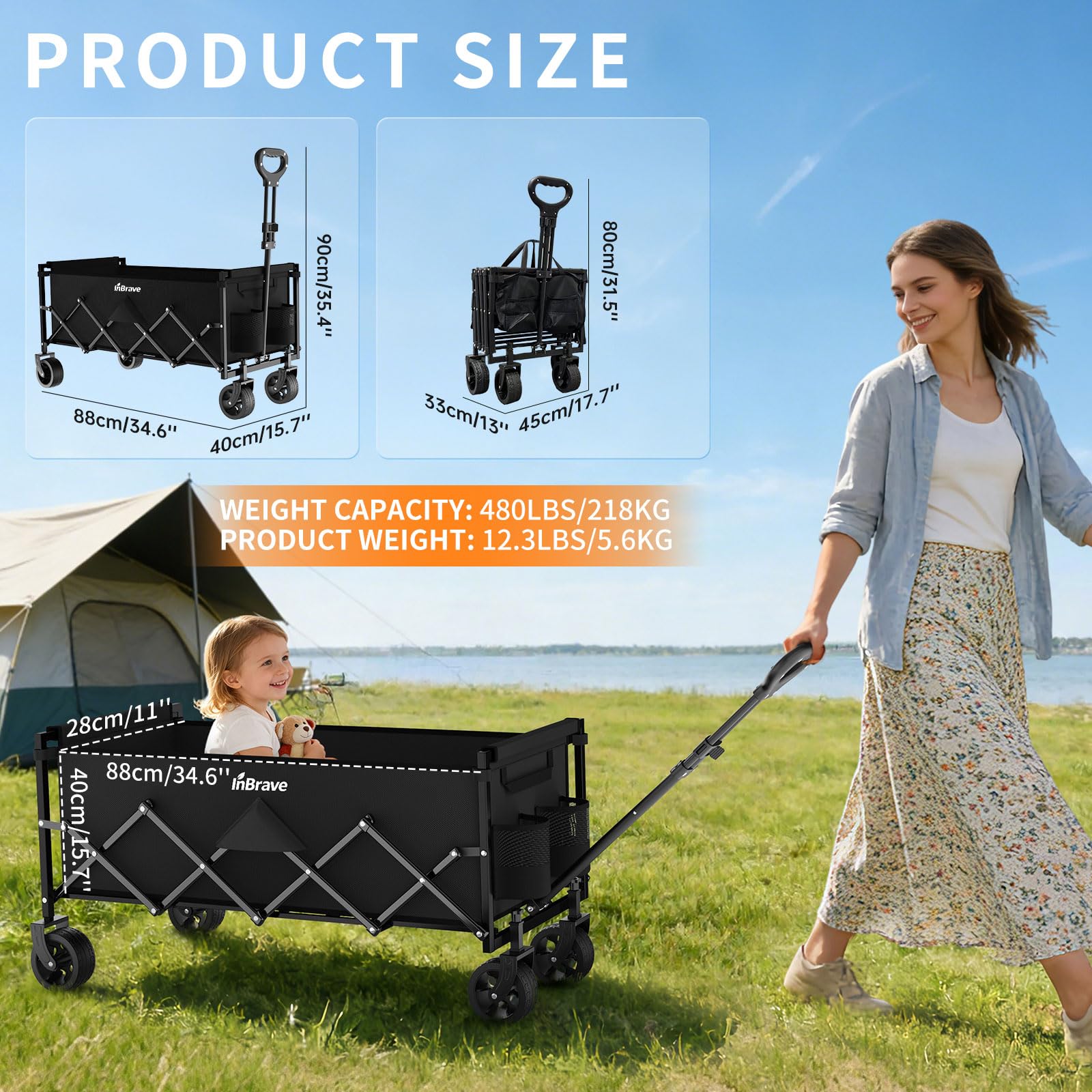 InBrave Extra Long Folding Wagon with Big All-Terrain Wheels, 480LBS Load Capacity Foldable Wagon, Portable Lightweight Utility Wagon for Camping, Grocery, Beach, Garden (Black) in use