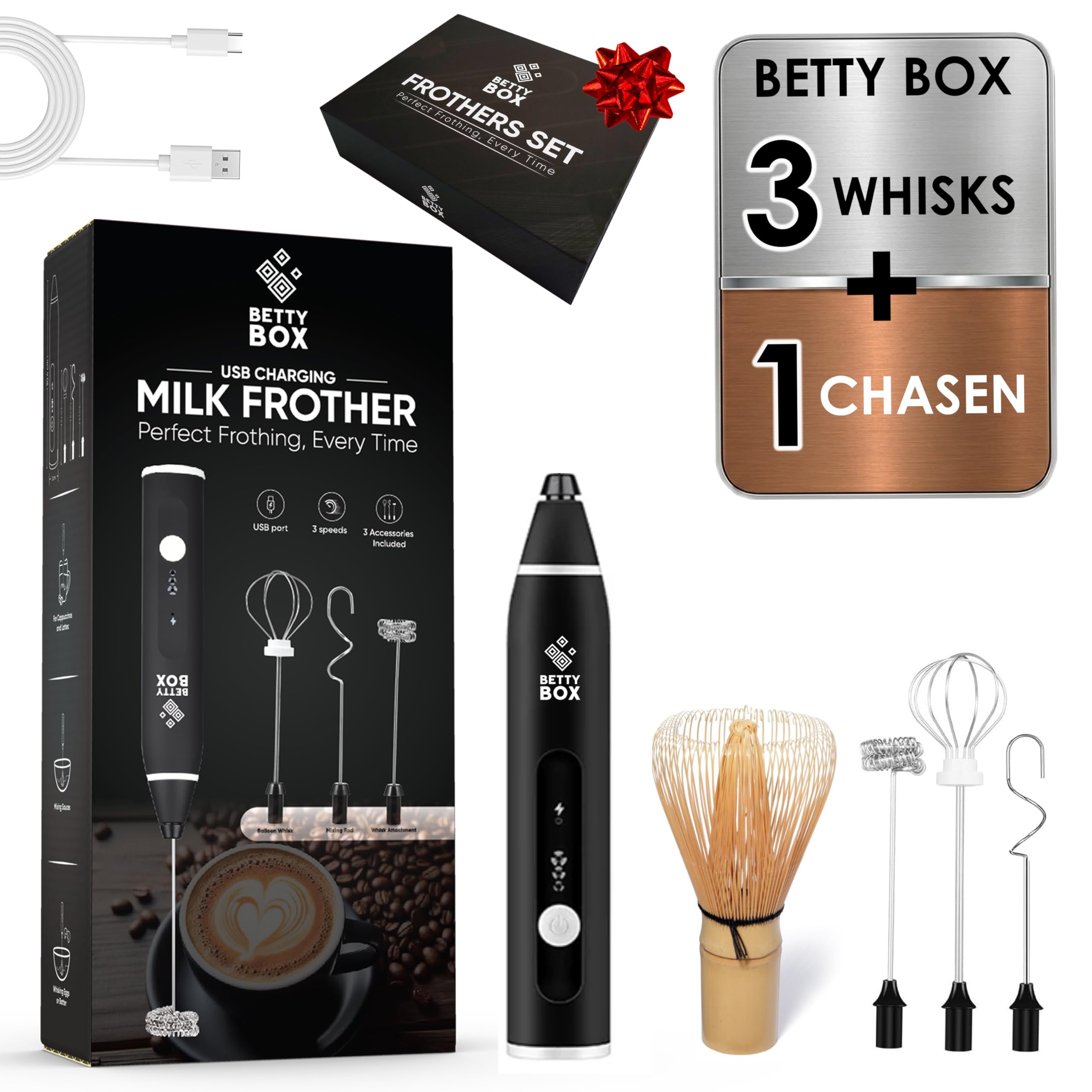 BETTY BOX Milk Frother Handheld, Rechargeable Electric Whisk for Coffee Matcha & Cold Foam, Black