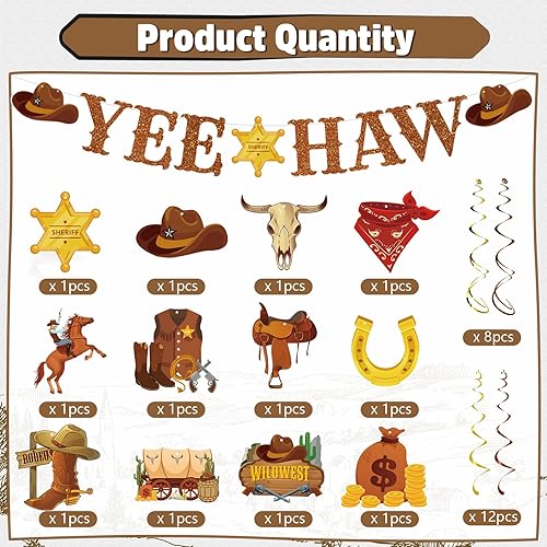 Miniatura 2 de Decoraciones de fiesta de cumpleaños del salvaje oeste, 29 piezas de decoraciones de fiesta de vaquero occidental de Yee Haw, remolinos colgantes