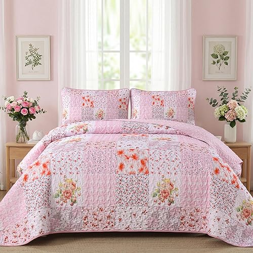 Miniatura 37 de Mybedsoul Juego de colcha azul tamaño king de 3 piezas, diseño bohemio a cuadros, colcha floral azul agua con 2 fundas de almohada, juego de ropa