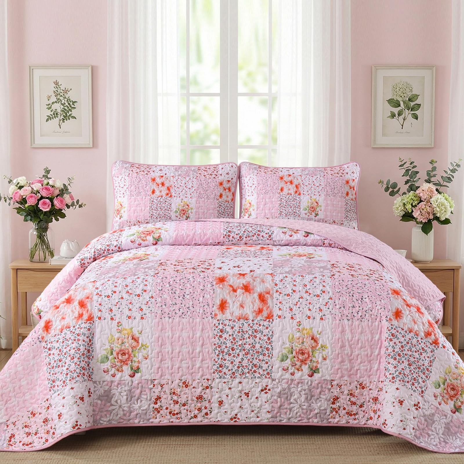 Mybedsoul Pink Quilts Queen Size, Patchwork Floral Reversible Bedding Set