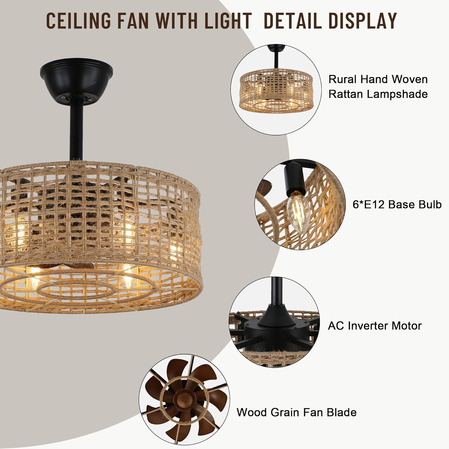 Boho Caged Ceiling Fan with Lights and Remote, 18'' Farmhouse Rattan Ceiling Fans Light Reversible Fan Blades, Low Profile Boho Ceiling Fans Light for Indoor, Patios, Bedroom
