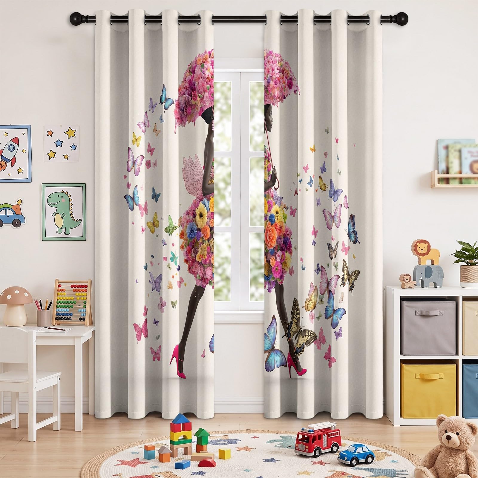 Piękna czarna kobieta motyl kwiatowe zasłony oczka, szer. 140 cm x dł. 260