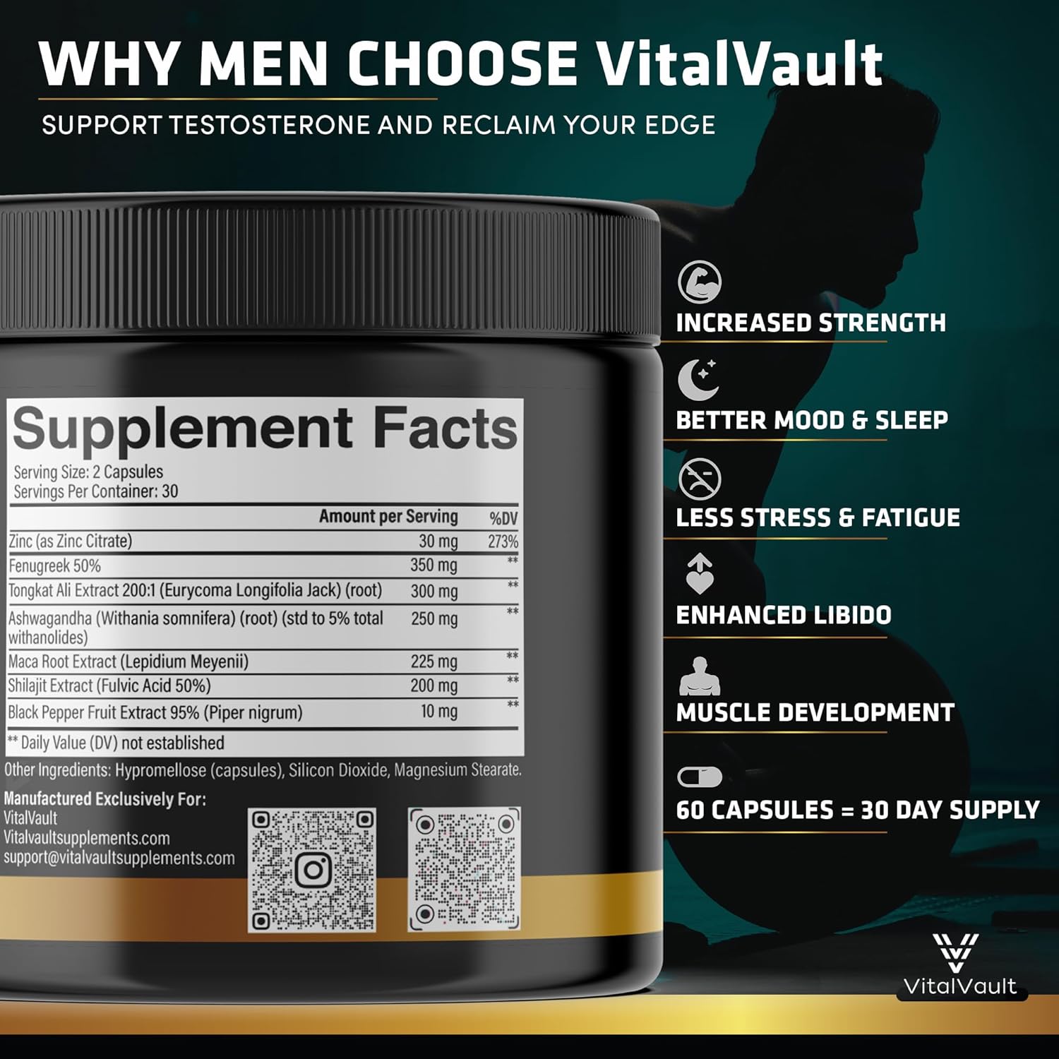 7-in-1 Testosterone Booster for Men - Natural Supplement with Ashwaganda, Shilajit, Fenugreek, Maca Root, Tongkat Ali, Black Pepper & Zinc - 1 Month Supply (60 caps) - Image 2