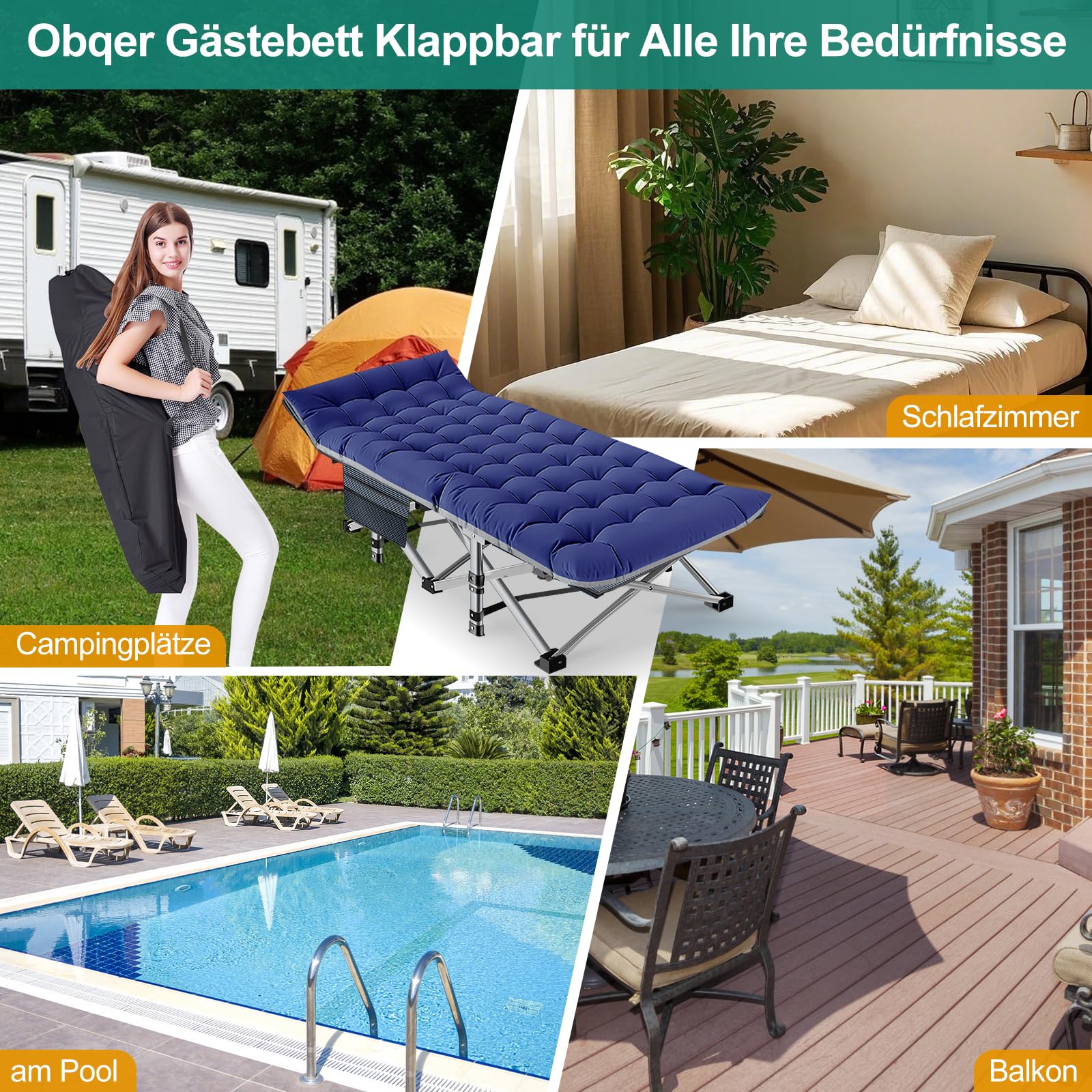 Klappbares Campingbett mit Matratze und Seitentaschen, 200KG Belastbarkeit Klappbett Gästebett, Stahlrahmen und Oxford Tuch Feldbett Klappbar, 190 x 71 x 36 cm, für Garten Büro Camping Pool