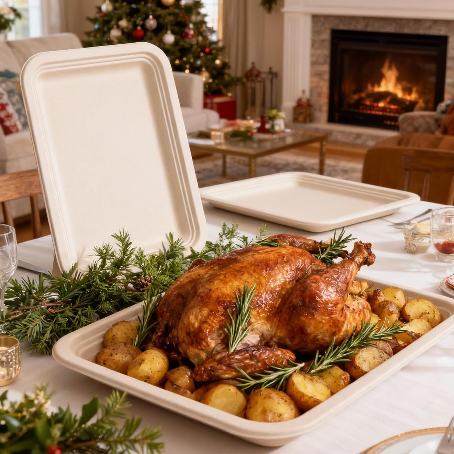 100 Pack 14 Inch Disposable Paper Food Trays for Serving Food, 100% Compostable Heavy-Duty Party Platters, Large Paper Plates for Crawfish Boil Party Supplies, Lobster, Thanksgiving