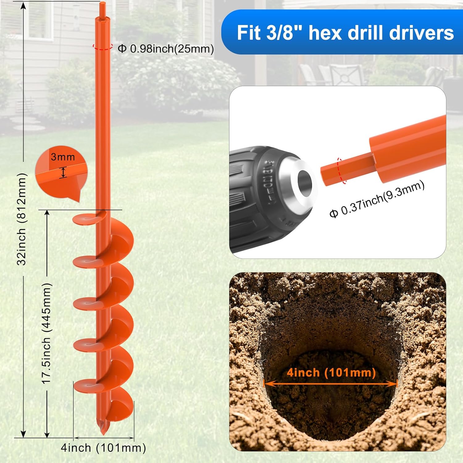 Upgraded Auger Drill Bit for Planting 4'' X 32'' Garden Drill Augers for Digging Holes Post Hole Auger for Bulbs, Flower, Fence Posts Earth Auger Bit for Cordless and Corded Drill - Fit 3/8" Hex Drive