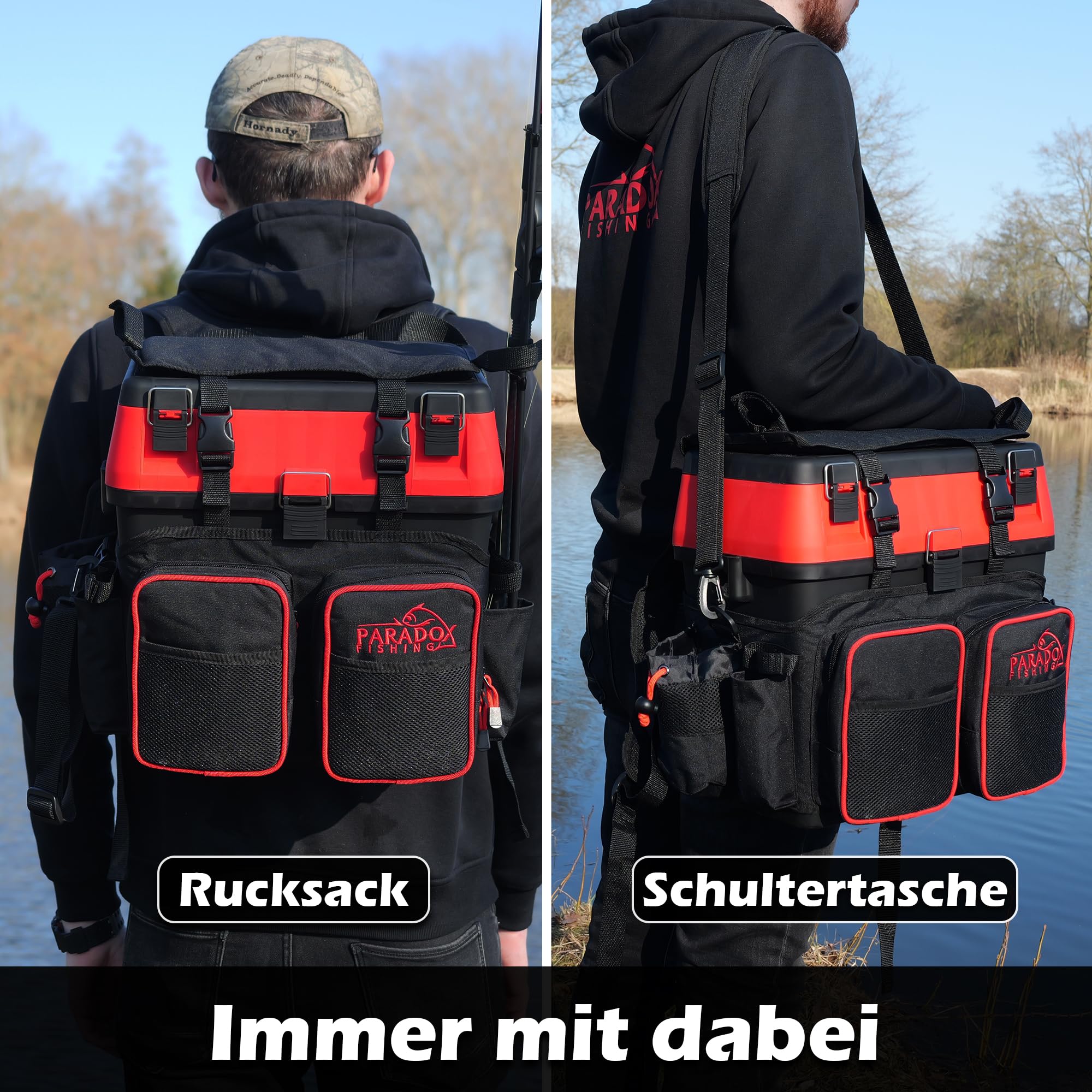 Paradox Fishing 3-in-1 Multifunktions-Sitzkiepe I Angelrucksack I Angeltasche Angelkoffer mit Sitz Angelkoffer- viel Platz für Angelzubehör