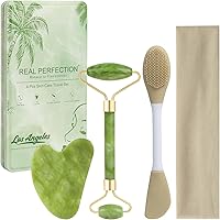 Real Perfection Jade Roller & Gua Sha Set - Green Facial Tools for Wrinkles, Puffiness, Travel Skincare with Scrubber & Headband