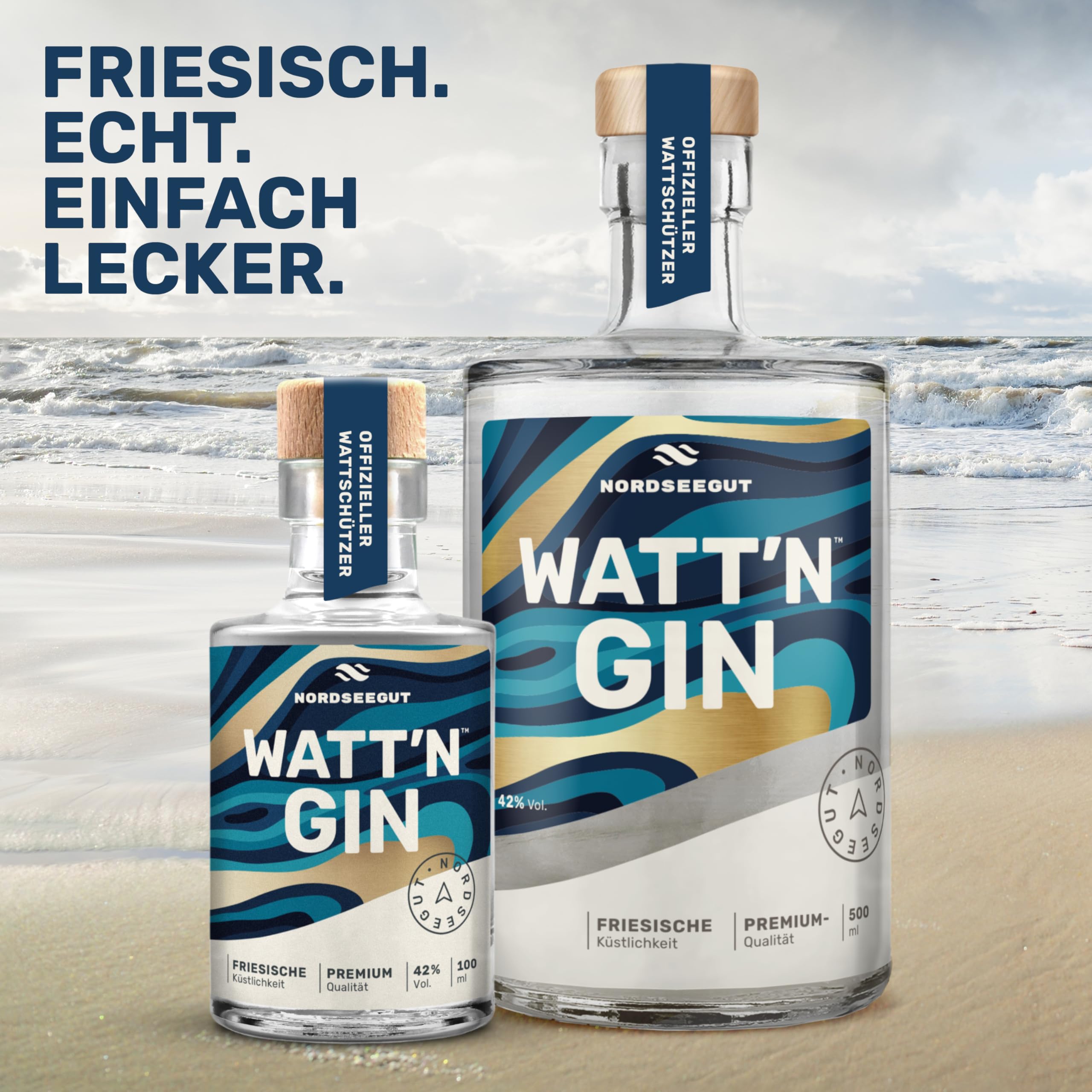 NORDSEEGUT WATT`N GIN 0.5L - Nordsee Premium Dry Gin 42% Vol. I vegan mit handverlesenen Zutaten wie Hagebutte, Lavendel und fruchtiger Orange, Salzwiesen, Wattenmeer