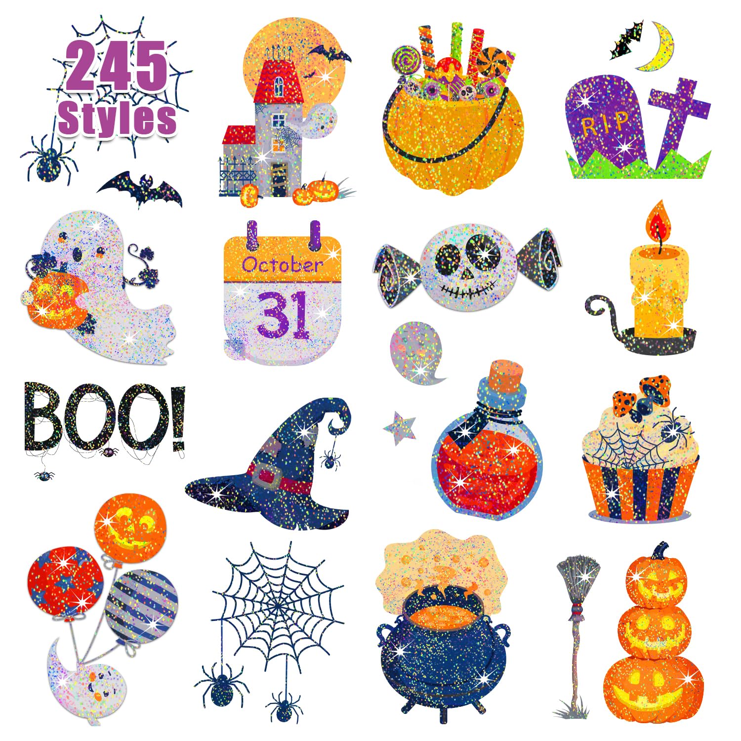 Partywind 245 Styles Glitter Halloween Tattoos for Kids Treats, Halloween Birthday Party Decorations Supplies Favors for Boys Girls, Tattoo Stickers