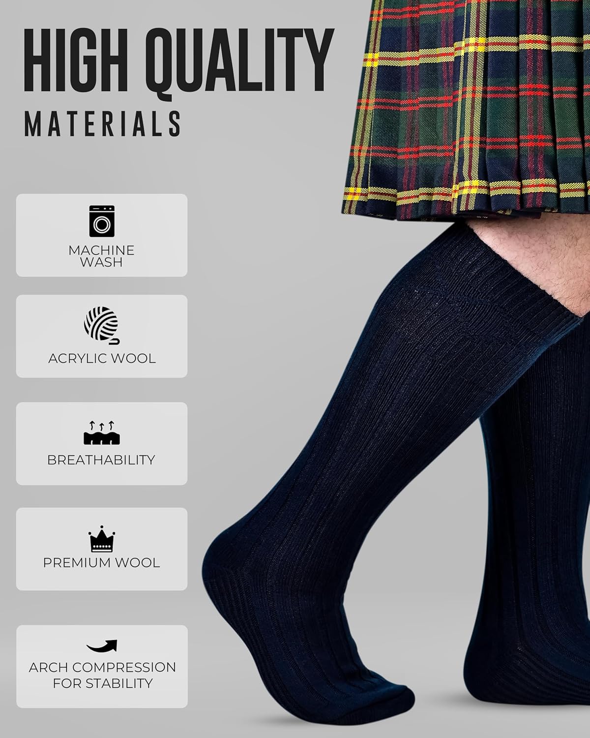 Highland Scottish Wool Blend Kilt Hose for Men Ribbed Socks for USA Shoe Sizes - Image 2